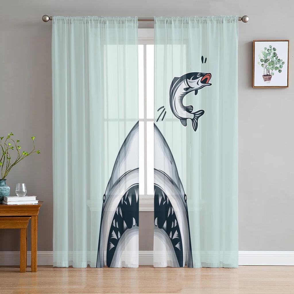 Shark Silhouette Curtain Window Tulle For Living Room Bedroom The Kitchen Window Treatment Decorations Curtains