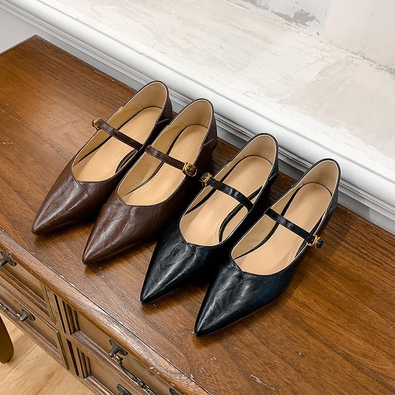 Версия из овчины остроносые французские кожаные туфли Мэри Джейн одинарные туфли 2025 весна новые ретро на низком каблуке универсальные балетки