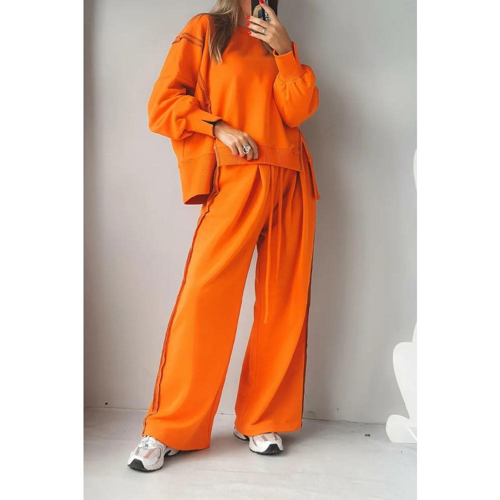 New Autumn and Winter Women's Fashion Casual Set Solid Color Long-sleeved Shirt Long Pants and Round Neck Two-piece Set