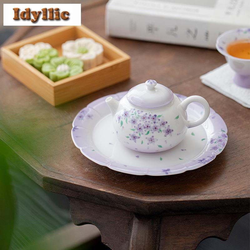 100ml Jade Mud Hand-painted Purple Flower Teapot Aesthetic Tea Infuser Pot Tea Maker Kettle With Ball Hole Teaset Decoration