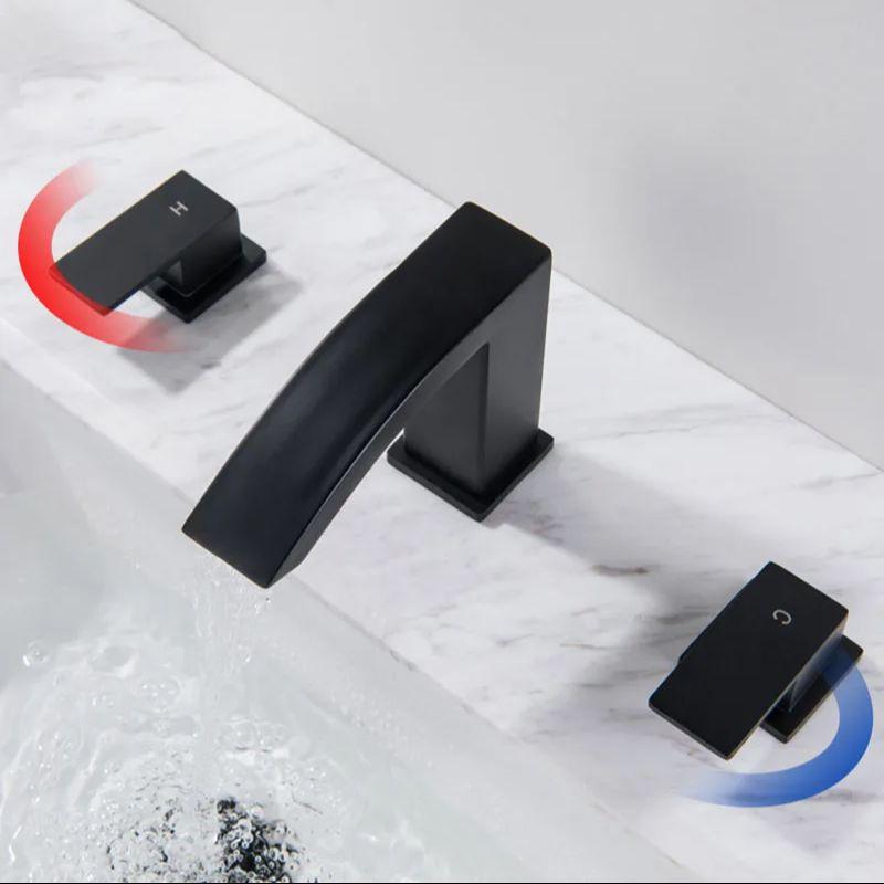 Waterfall Bathroom Basin Faucet Brushed Gold/Black Deck Mounted Hot and Cold Water Mixer Sink Tap Dual Handle Bathtub Tap