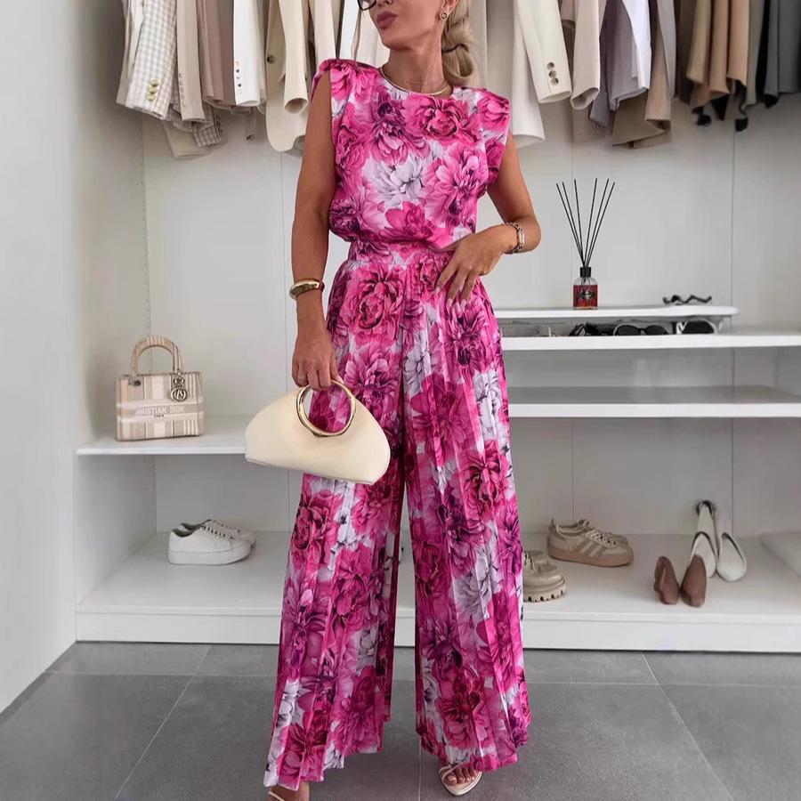 Женская мода 2025 года, кросс-граничная: Комплект из двух предметов: топ без рукавов с круглым вырезом и плиссированные брюки широкого кроя.