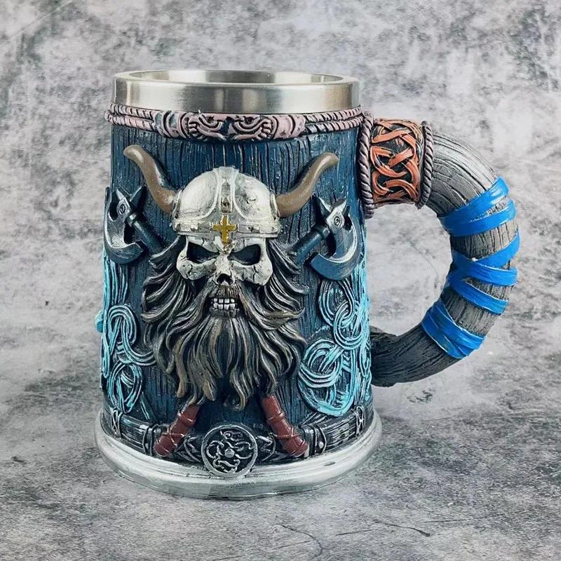 Medieval Viking Pirate Beer Mug Skull Mug Creative Large Capacity Mug Embossed Stainless Steel Coffee Mug Whiskey Cup Bar Party Halloween Gift