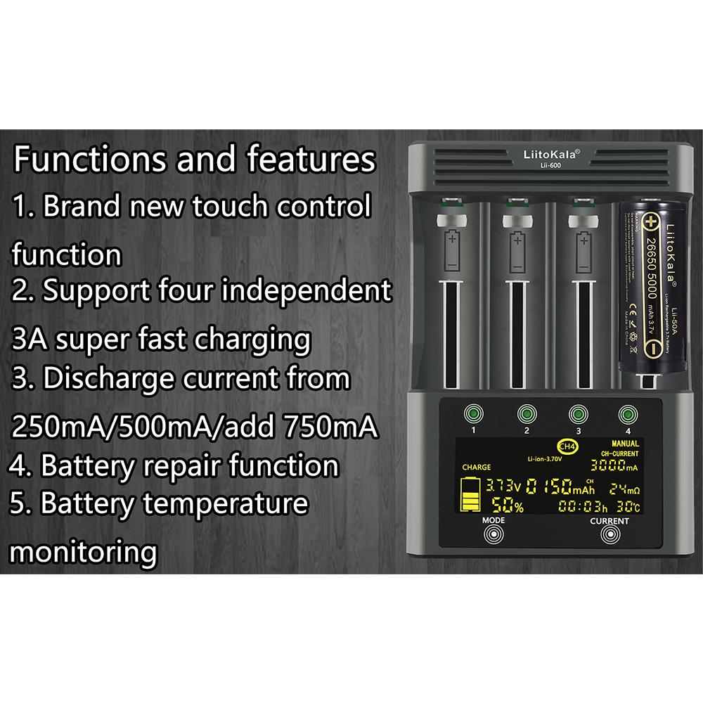 LiitoKala Lii-600 Li-ion-3.7V Ni-MH1.2V Battery Charger 4 Slots Independent Charging Portable 18350