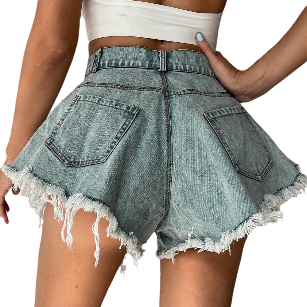 Женские рваные джинсовые шорты с высокой талией и кисточками в европейском и американском стиле (2022)