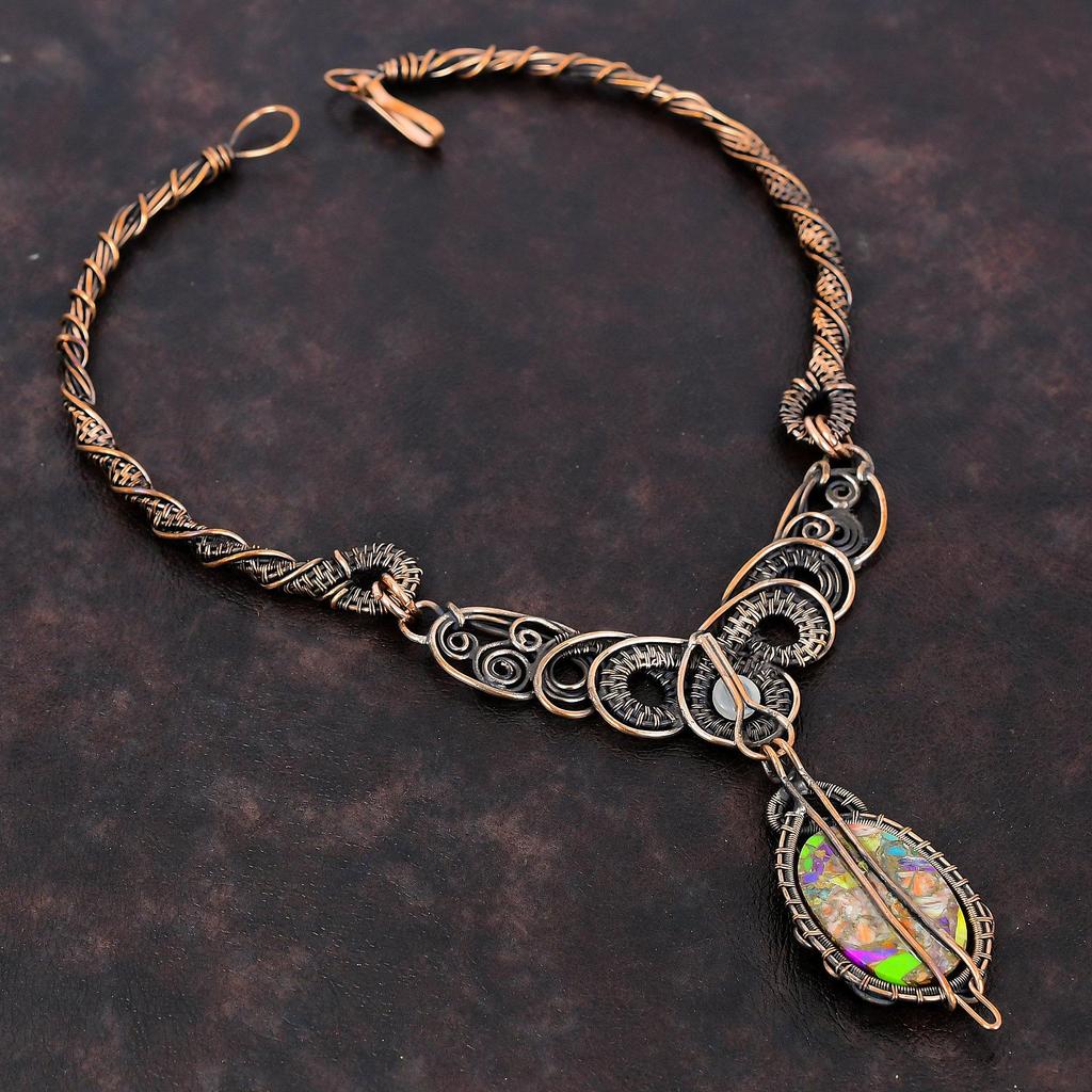 Ожерелье Fiesta Kingman с бирюзой, ожерелье из медной проволоки, обернутое драгоценными камнями, мультимедное ожерелье с бирюзой, ювелирные изделия ручной работы с радужным лунным камнем