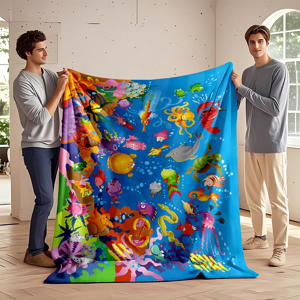 Underwater World Cartoon with Colorful Sea Creatures, Flannel blanket for bedroom, living room, sofa, and nap sofas.