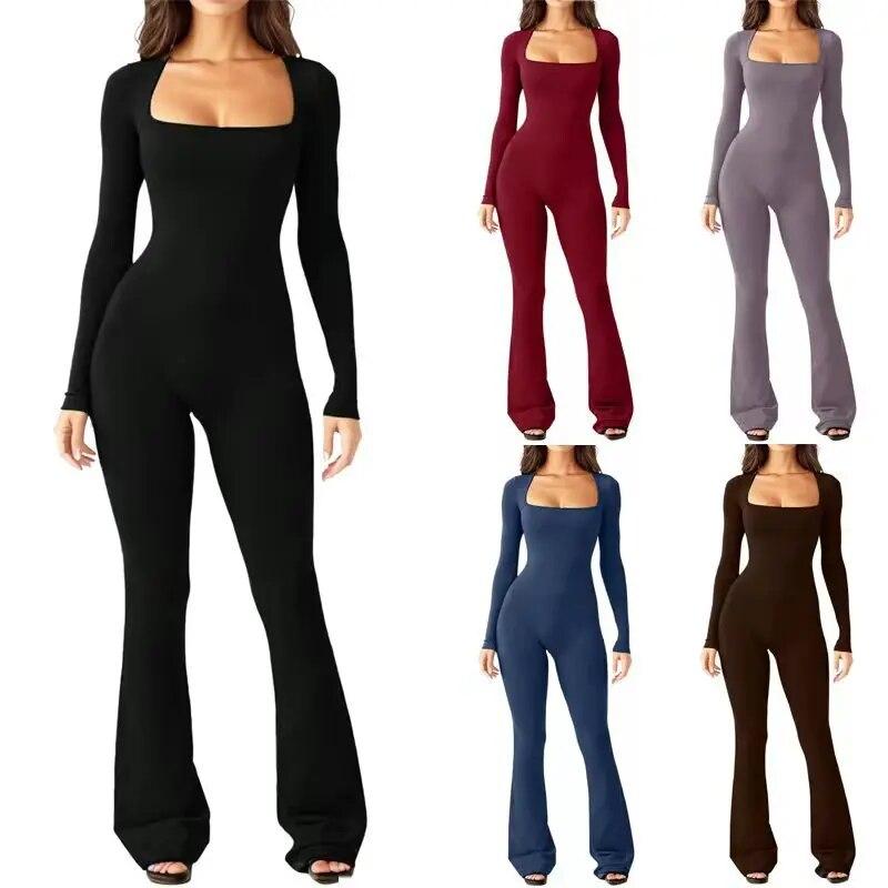 2024 Long Sleeve Square Collar Skinny Wide Leg Women Jumpsuits High Elastic Fashion Bodysuit Casual Solid Color Clothes 30648