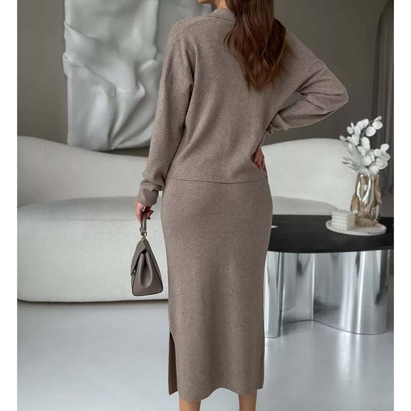 Women's Fashion Casual Loose Knitted Skirt Set Autumn Winter POLO Collar Long Sleeve Pullover Lace Up SKirt 2-Piece Sets