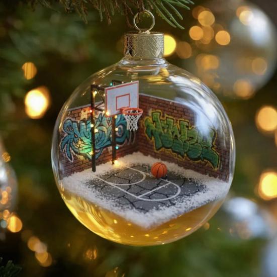 Спортивный мяч Рождественские украшения 3D Украшение Снежный шар со спортивными микросценками Прозрачный пластиковый подвесной шар для рождественской елки Домашний декор