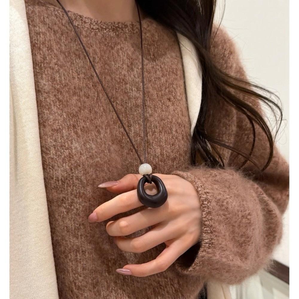 Leather Rope Geometric Pendant Necklace Adjustable Length Sweater Chain Women