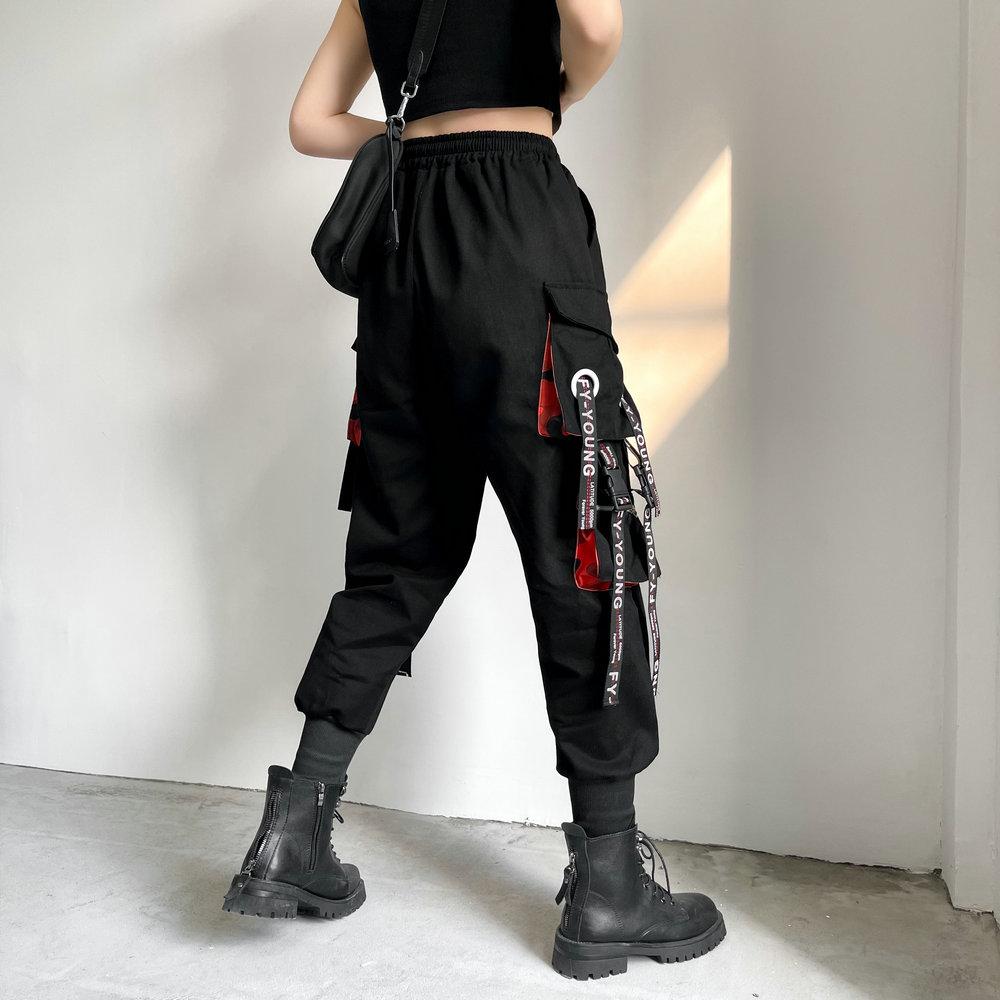 Женские повседневные брюки в корейском стиле Streetwear Ленты Джоггеры Длина до щиколотки Свободные Hip Hop Карго