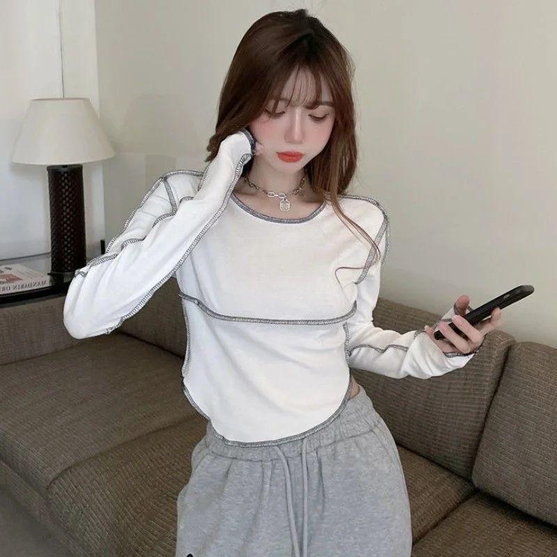 WTEMPO Футболки с длинным рукавом, женские узкие универсальные топы с круглым вырезом, женские однотонные корейские классические весенние повседневные базовые популярные футболки