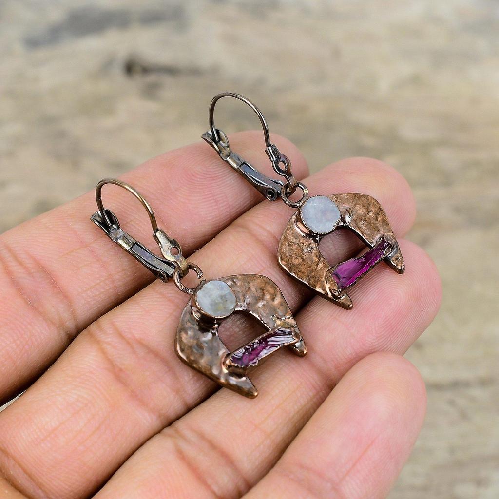 Rainbow Moonstone Rough Earring Electroformed Copper Earring Pink Tourmaline Rough Gemstone Earrings Handmade Electroformed Jewelry For Gift