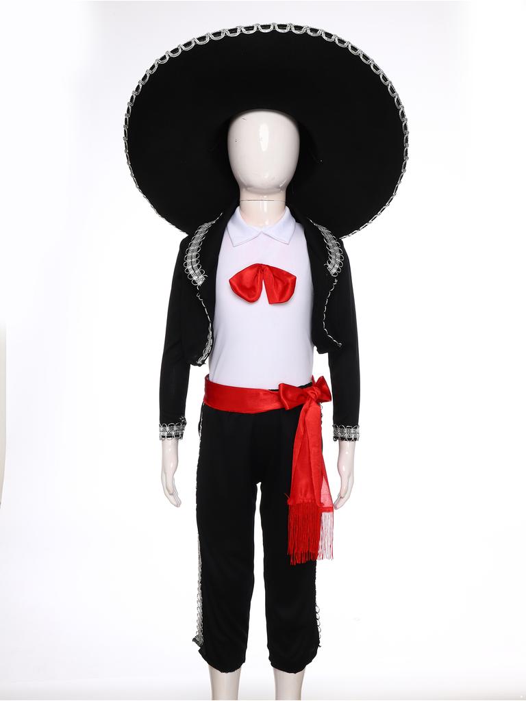 Детский традиционный костюм мариачи, набор из 5 предметов, включая жилет, брюки, куртку, пояс и шляпу для Хэллоуина, мексиканского косплея, выступления