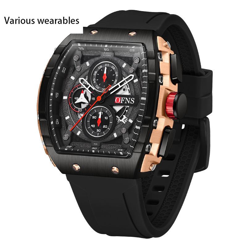 Outdoor Style Wine Barrel Men's Watch Curved Mirror Gradient Hollow Men's Watch Three Eyes and Six Hands Watch
