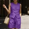 2Pcs/Set Women Summer Outfit Round Neck Sleeveless Buttons Placket Vest High Waist Shorts Set Commuter Style Formal Wear