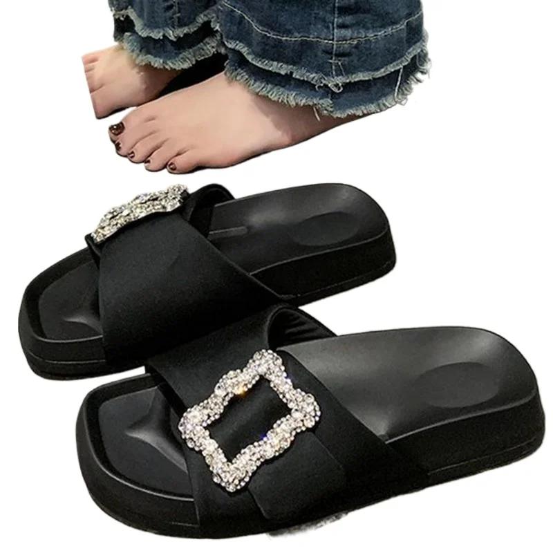 Модные женские тапочки с кристаллами и пряжкой, черные, хаки, бежевые, без застежек, модные шлепанцы, повседневные сандалии, удобные туфли со стразами