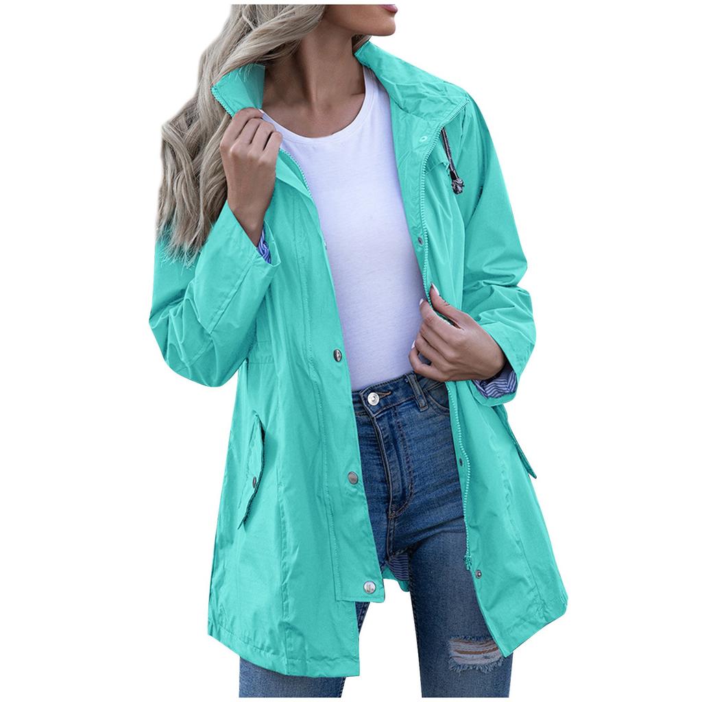 Women Hooded Waterproof Zipper Mid-length Windproof Waterproof Raincoat Jacket