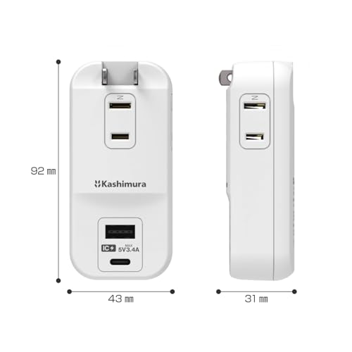 Kashimura [С разъемом USB-C! Универсальная/Компактная удлинительная розетка] 3 розетки переменного тока + порты USB-A и C | Вращающаяся вилка для компактного хранения, идеально подходит для путешествий