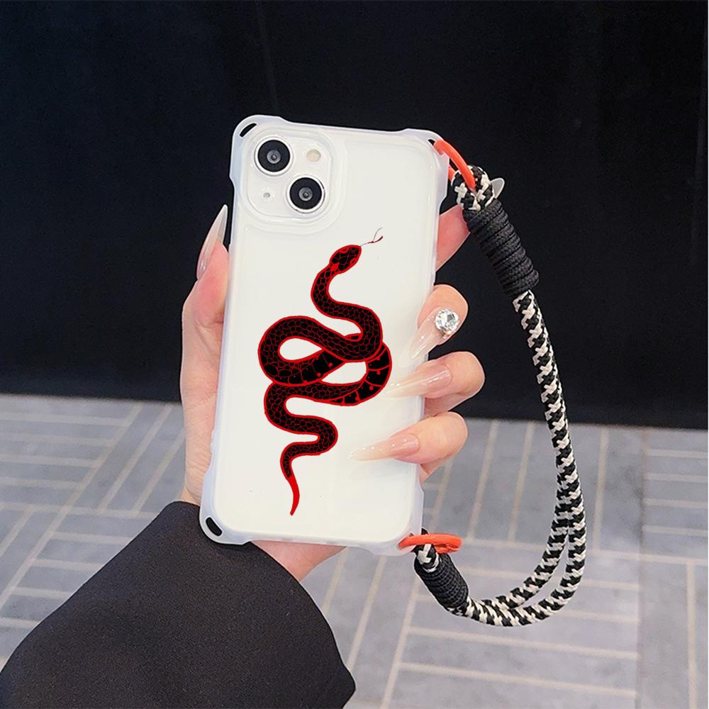 Soft Phone Cases for iPhone 16 15 13 12 11 14 Pro Max 8 Plus Four Corners Anti-Drop Protective Cover Optional Lanyard Rope N73 Black Gold Snake Design
