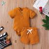 2Pcs Unisex Baby Summer Outfits, Solid Color Ribbed Stand Collar Short Sleeves Romper + Elastic Waist Shorts for Toddler