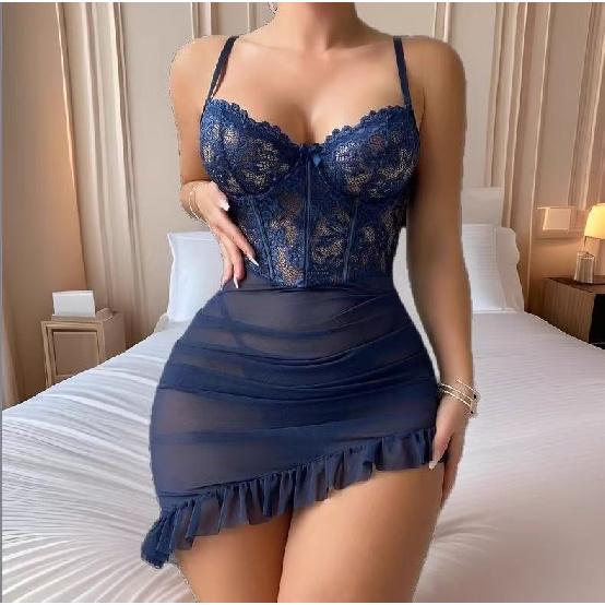 Plus Size Sexy Corset Bodycon Mini Dress Chemise Ruffle Lace Mesh Perspective Underwire Babydoll Lingerie Set 2 Piece with ThongGood product