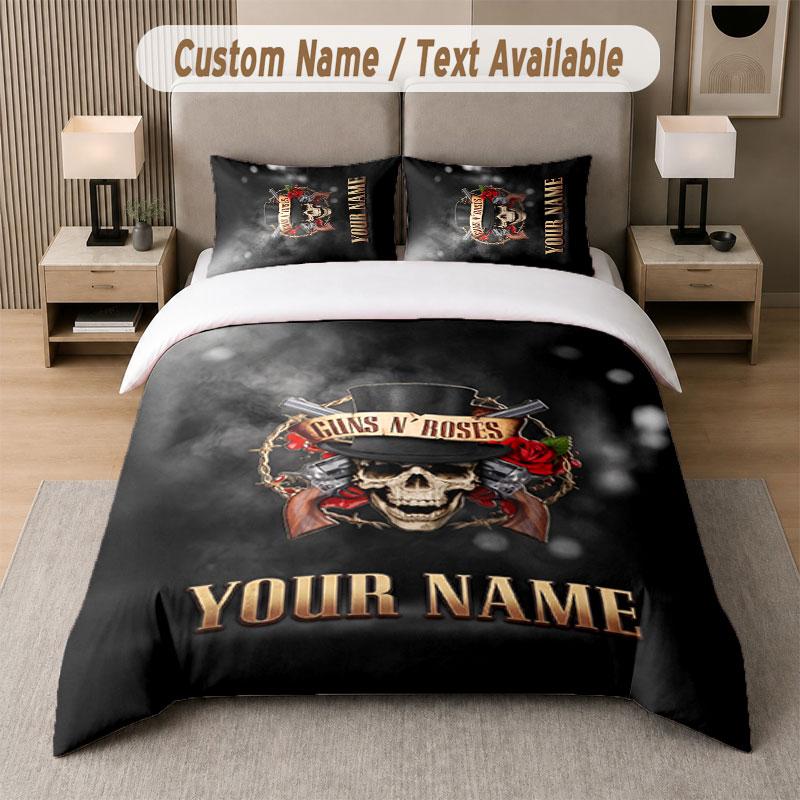 Custom Bedding Set Guns N’ Roses Pattern, Print Name Text 1 Duvet Cover plus 2 Pillowcases Home Textile