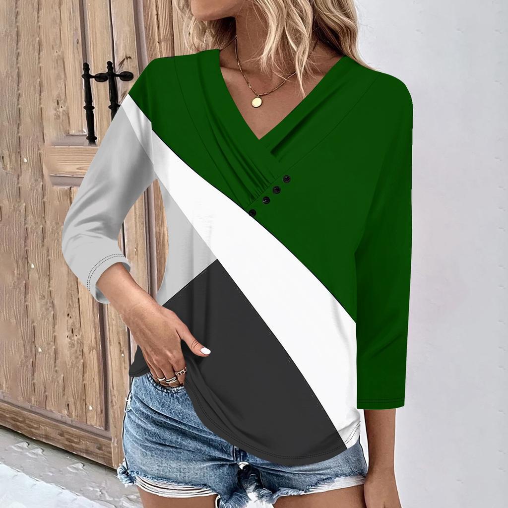 Womens 3/4 Sleeve Daily Weekend V Neck Casual Printed Tshirts Loose Fit Pleated Tees Ladies Blouse