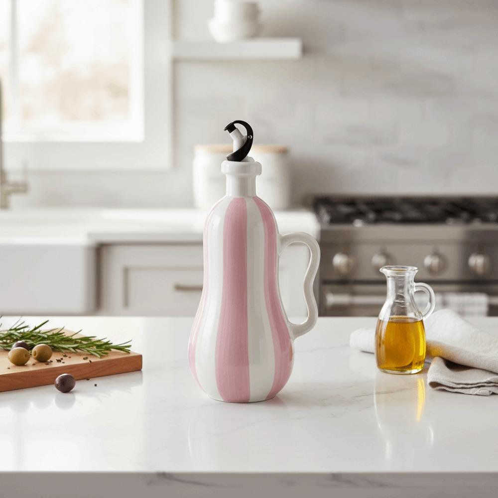 Ergonomic Grip Ceramic  Oil Bottle Striped Pattern Dispenser Container  Kitchen Accessories