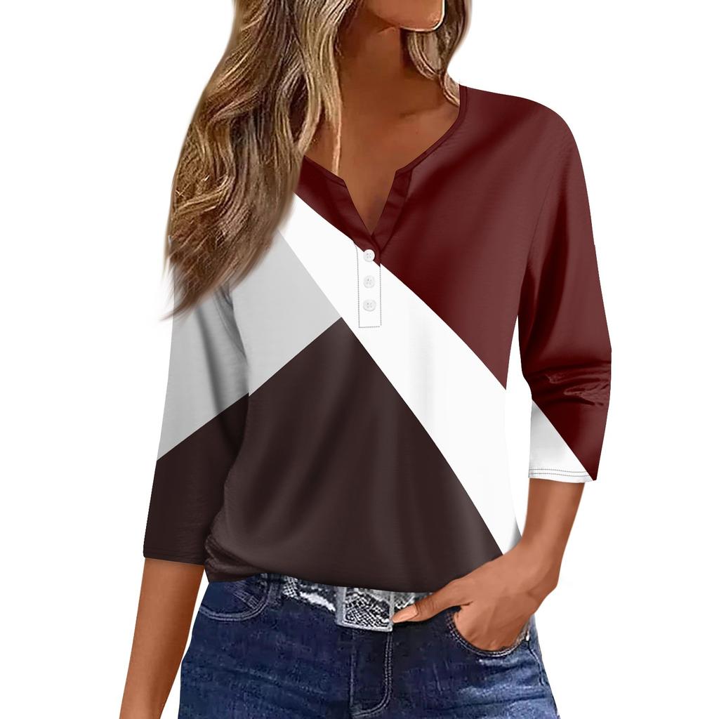 Жен. Футболка Футболка С принтом Пуговицы Рукав 3/4 Повседневные Выходные Мода Классический Классический V-образный вырез Обычный Верх