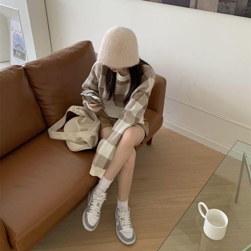 Укороченный свитер, корейский пуловер в клетку с круглым вырезом и принтом в консервативном стиле, женские милые свитера для студентов