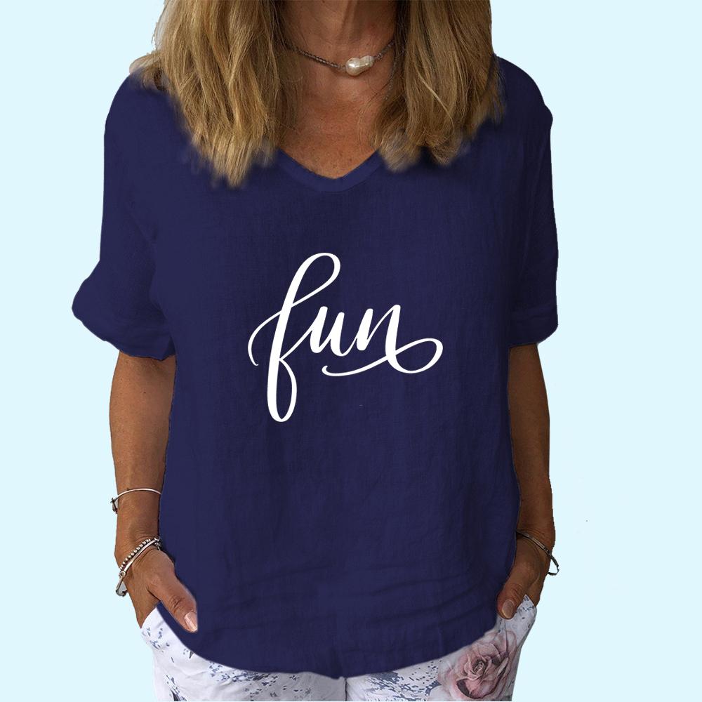 Women Fashion V Neck T-shirt Casual Cotton Linen Short Sleeve Top Ladies Pullover Print Blouse