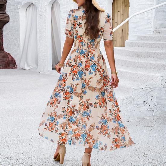 Женское летнее платье макси в стиле бохо с глубоким V-образным вырезом, оборками и короткими рукавами, шифоновый пляжный сарафан, повседневные длинные платья с цветочным принтом