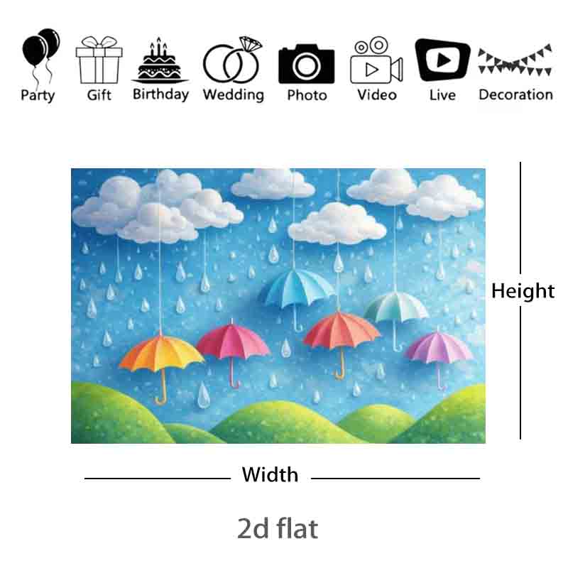 Paper Cut Style Rainy Day Colorful Umbrella Photography Backdrop Clouds Water Drop Hill Kids Cartoon Photo Booth Backgro