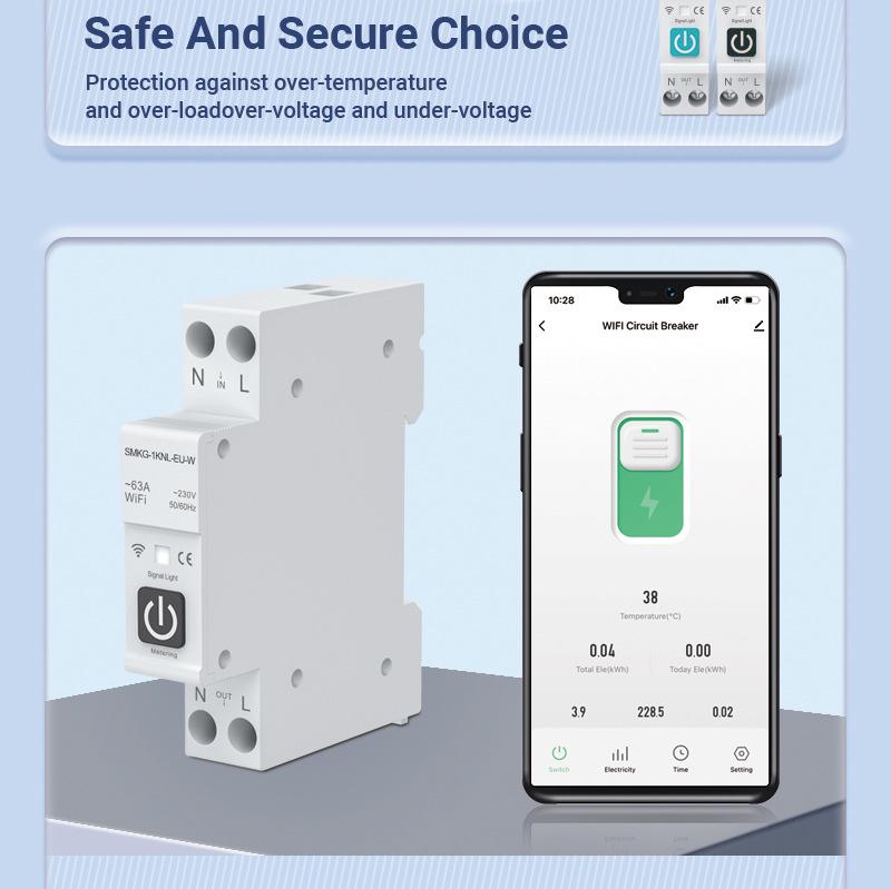 Умный WiFi автоматический выключатель Tuya: Пульт дистанционного управления, Таймирование, Измерение, Защита от перегрузки по току/перенапряжения, Аварийная сигнализация и Автоматический выключатель.