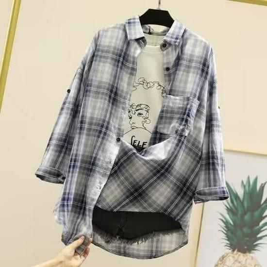 Женская клетчатая рубашка в стиле Харадзюку: Ретро, Средняя длина, Свободный крой, Тонкий, Корейская версия, Универсальный, Длинные рукава.