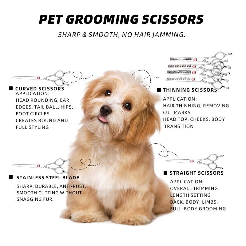 Professional Pet Grooming Scissors Set 6.5 Inch Stainless Steel Flat Tooth Fishbone Thin Out Fluffy Trim Dogs Cats
