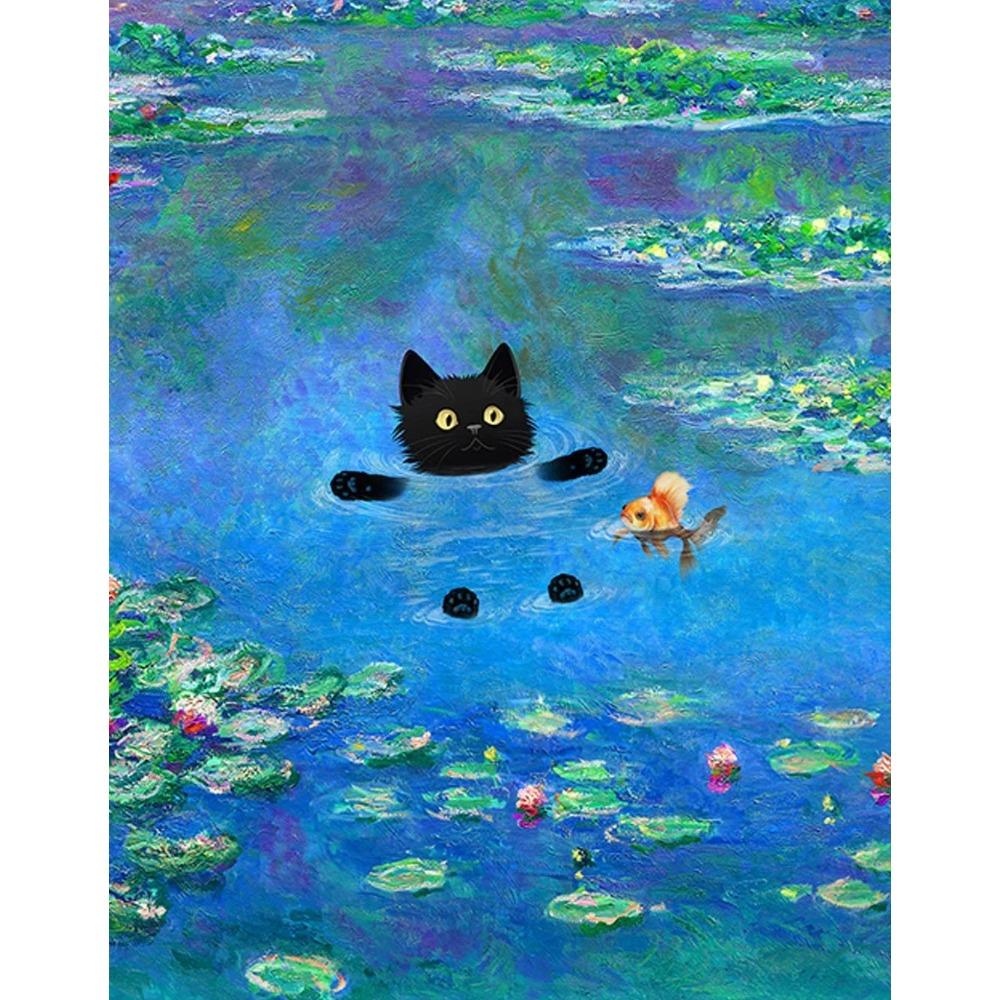 1pc Frameless Claude Monet Artworks Interesting Cute Black Cat Lotus Pond Poster Canvas Paintings for Living Room Home Decor