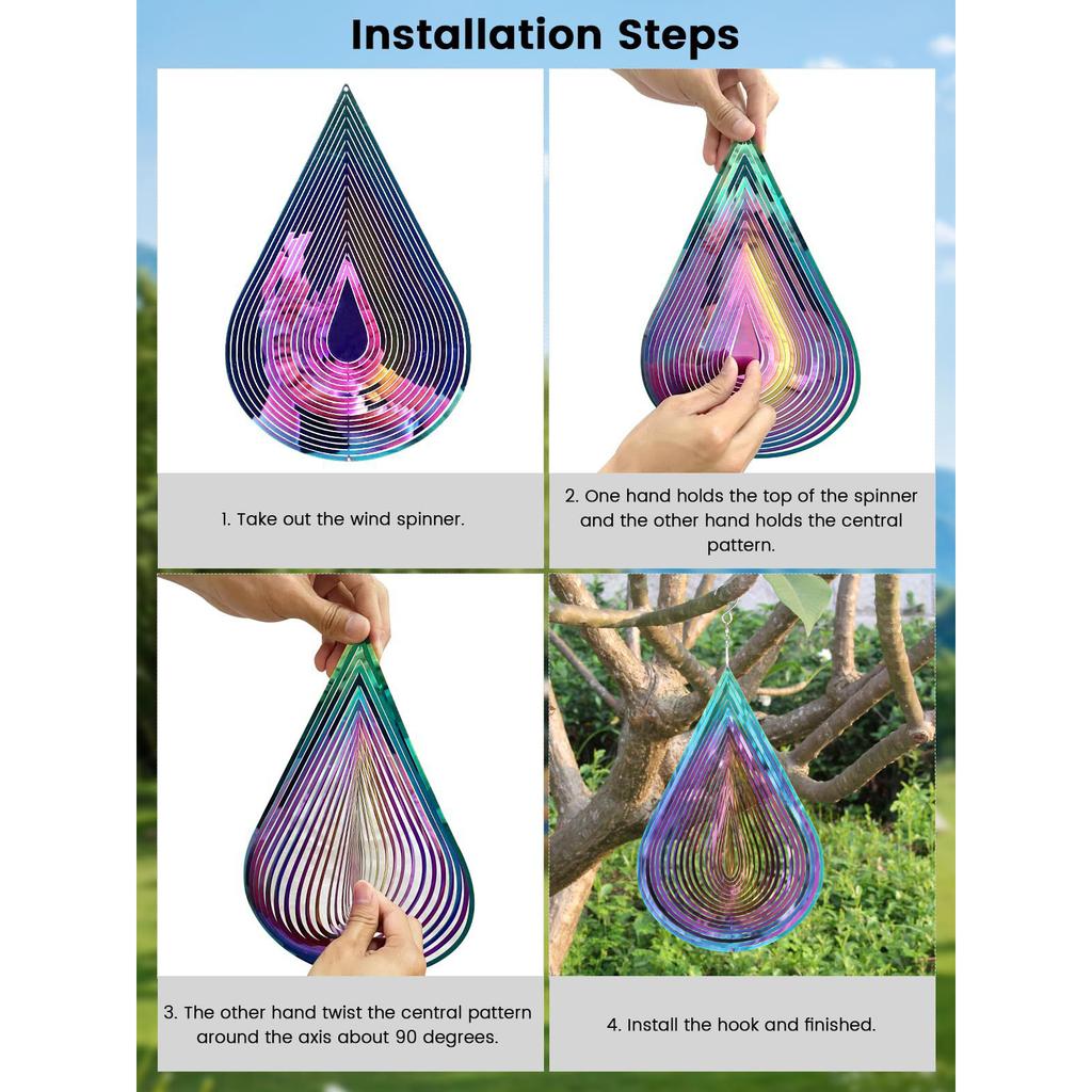 Metal 3D Three Dimensional Wind Chime Wind Rotating Water Drop Decorative Wind Chime Pendant