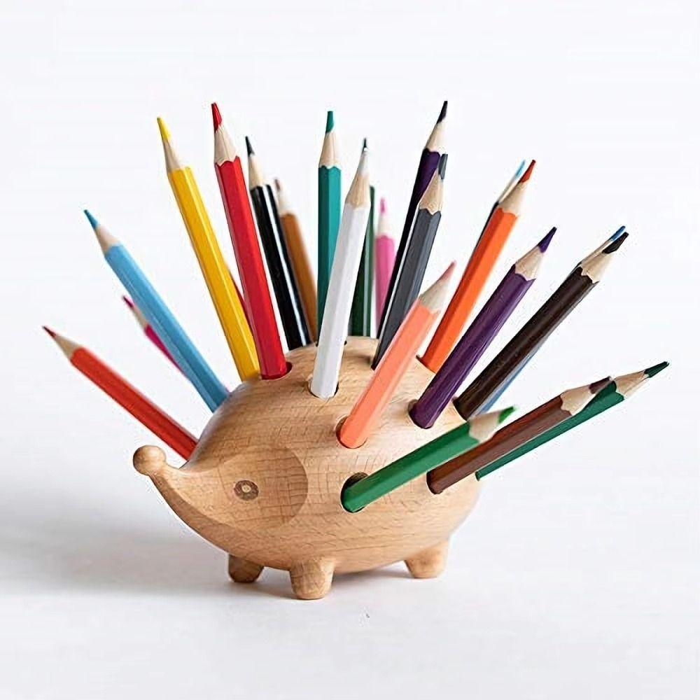 21 Holes Hedgehog Pen Holder Wooden Art Pen Container Multi-function Pencil Stand Set Desk Storage
