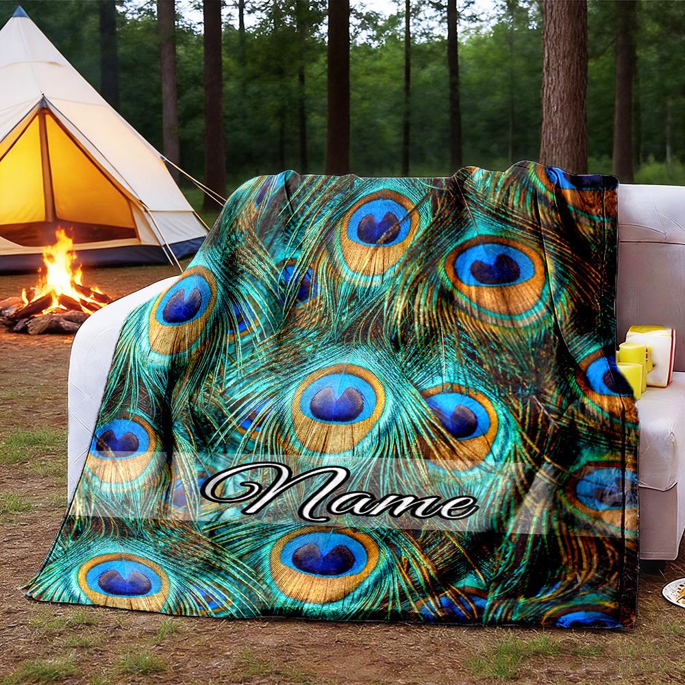 Peacock Feather Customize Your Name Outdoor Blanket Comfortable Soft Lightweight Allseason Multipurpose Blanket For Travel Camping Picnics Sofa Office