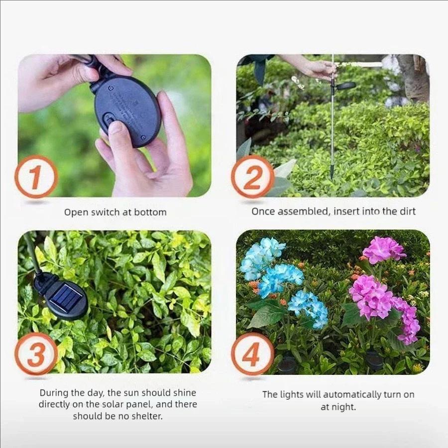 Светодиодный солнечный цветок гортензии, уличный, грунтовый, с 3 головками, имитация цветка, декоративный фонарь для двора