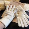 New Autumn and Winter Cute Bear Embroidery Wool Knitted Five-finger Gloves Finger-revealing Female Solid Color