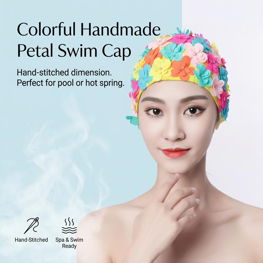 Women Diamond-Pattern Swim Cap Hand-made 3D Sewing for Hot Spring Swimming