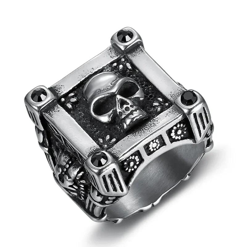 Vintage Gothic Jewelry Square Skull Biker Stainless Steel Rings for Men's Sizes 7-12