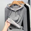 Black Half Zipper Fleece Hooded Sweatshirt for Women In Autumn and Winter with A Hat As The Base and A Casual Waist Cinched Top