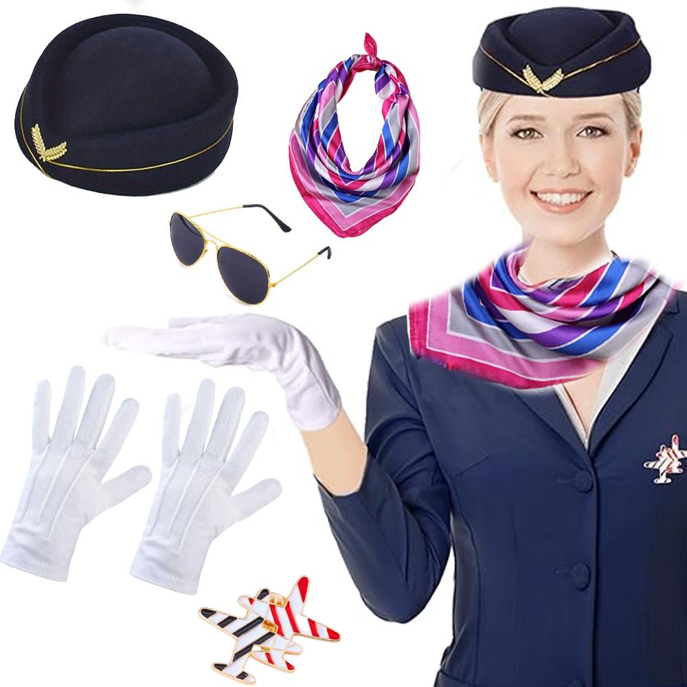 PESENAR Flight Costume Set Beret Scarf White Gloves Sunglasses Airplane Pin Role Play Party Halloween Cosplay