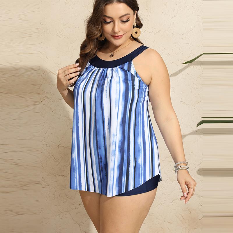 2024 комплект танкини больших размеров, женский комплект с цепочкой и в горошек, топ с круглым вырезом, шорты, купальник, комплект из двух предметов