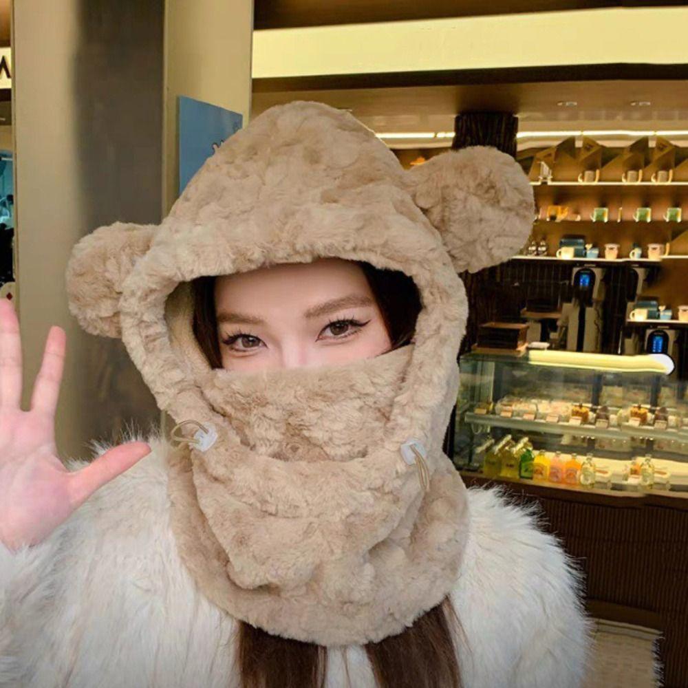 Plush Balaclava Hat Keep Warm Hooded Scarf Pullover Hat Bear Ears Beanies Hat  Driving/Ski/Cycling
